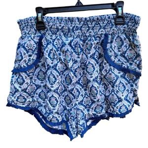 Jopra Sleepwear Rayon Fringe Lounge Shorts Blue White Boho Print Women's L